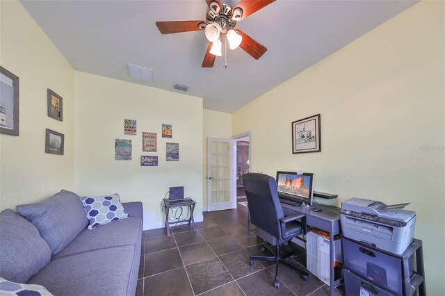 office space with ceiling fan and french doors