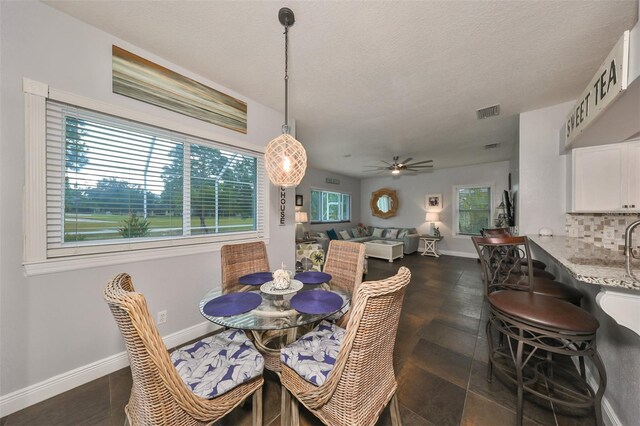 dining area featuring ceiling fan, a textured ceiling, and a wealth of natural light