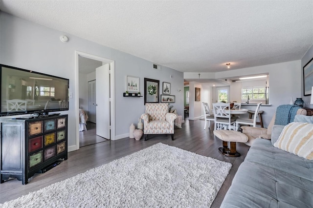 living room featuring a textured ceiling and hardwood / wood-style floors