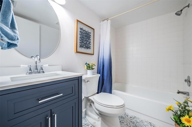 full bathroom with vanity, tile patterned flooring, toilet, and shower / bathtub combination with curtain