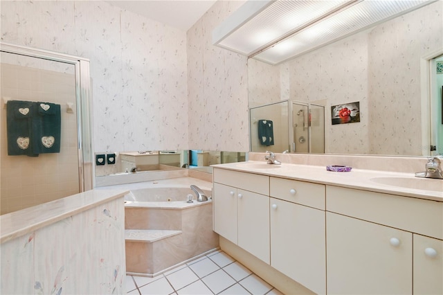 bathroom featuring vanity, tile patterned floors, and independent shower and bath