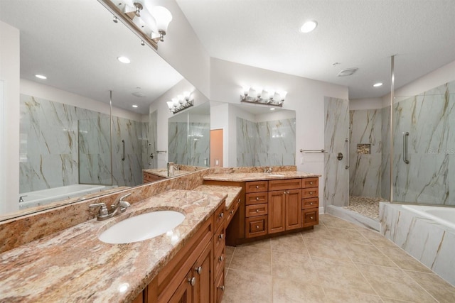 1030 Bellasol Way Unit 201, Apollo Beach, FL 33572 - full bathroom featuring a marble finish shower, a garden tub, tile patterned floors, recessed lighting, and vanity