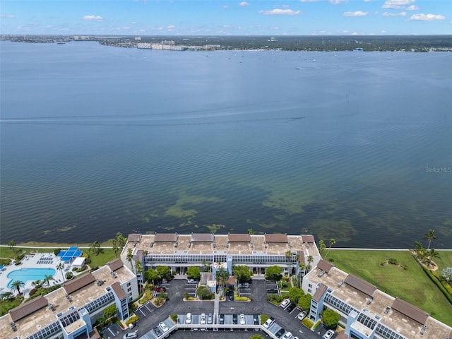 aerial view featuring a water view