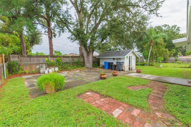 view of yard featuring a patio area and an outdoor structure