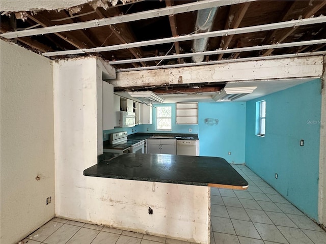 17025 Dalberg Dr, Spring Hill, FL 34610 - kitchen with white appliances, dark countertops, a peninsula, white cabinets, and light tile patterned floors