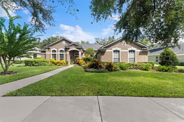 single story home featuring a front lawn