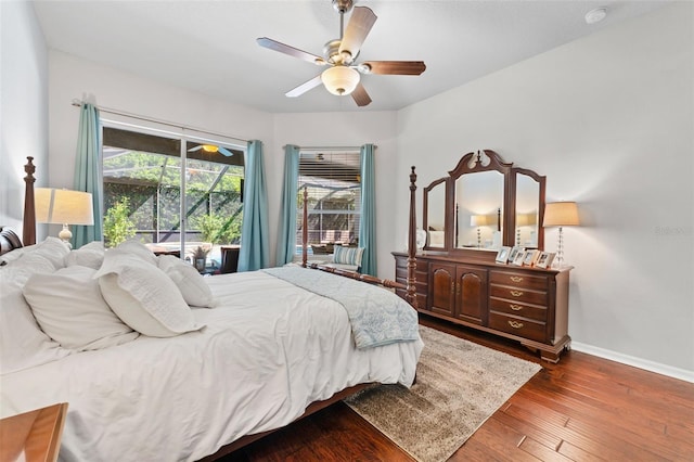 bedroom with ceiling fan and hardwood / wood-style floors