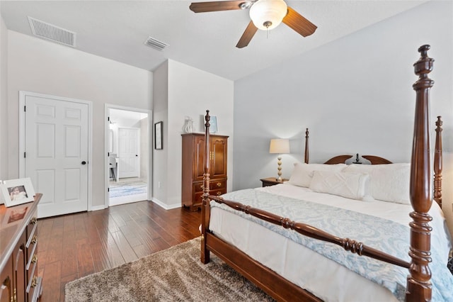 bedroom featuring ceiling fan and dark hardwood / wood-style floors