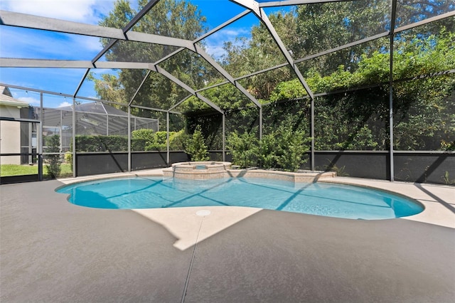 view of swimming pool featuring a patio, glass enclosure, and an in ground hot tub