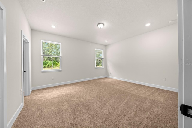 unfurnished room featuring light carpet, a textured ceiling, and a healthy amount of sunlight