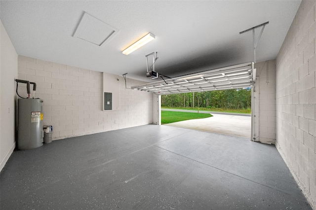 garage featuring a garage door opener, electric panel, and electric water heater