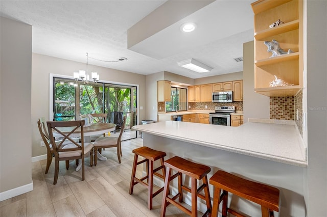 kitchen with light brown cabinets, kitchen peninsula, decorative light fixtures, stainless steel appliances, and light hardwood / wood-style floors