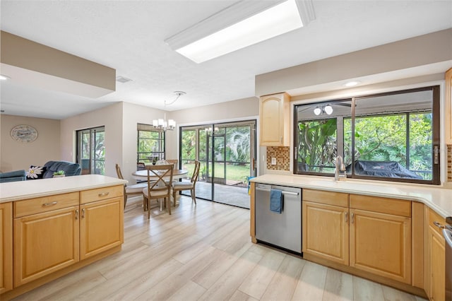 kitchen featuring light hardwood / wood-style floors, backsplash, dishwasher, decorative light fixtures, and a notable chandelier