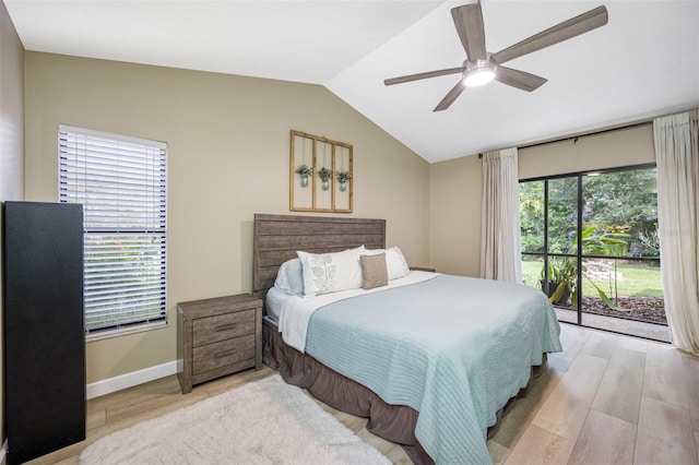 bedroom featuring lofted ceiling, light hardwood / wood-style floors, access to exterior, and ceiling fan