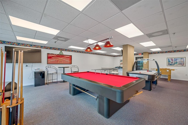 recreation room featuring carpet, billiards, and a paneled ceiling