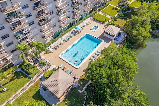 bird's eye view with a water view