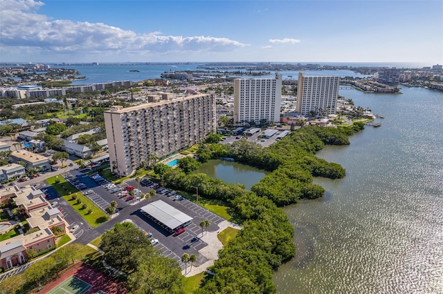 bird's eye view with a water view