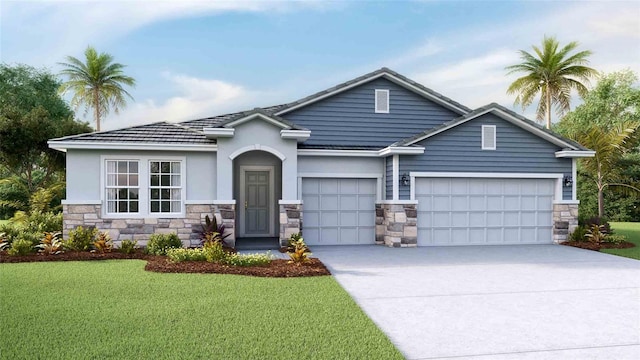 view of front of property with a front lawn and a garage