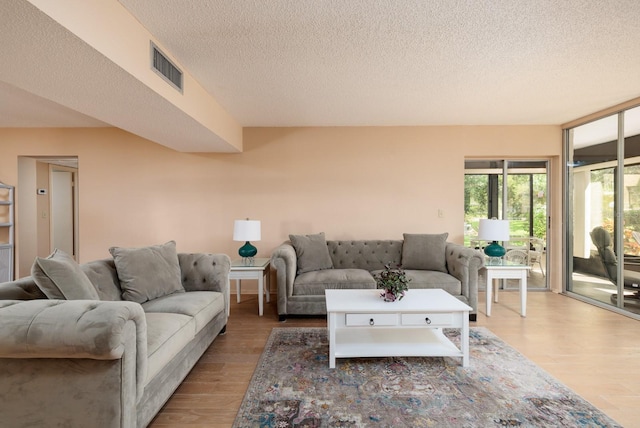 living room with wood-type flooring and a textured ceiling