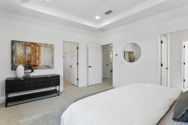 carpeted bedroom featuring a raised ceiling