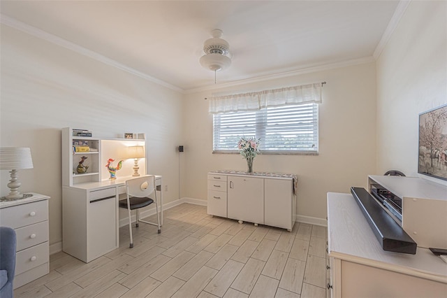 office space with ornamental molding and light hardwood / wood-style flooring