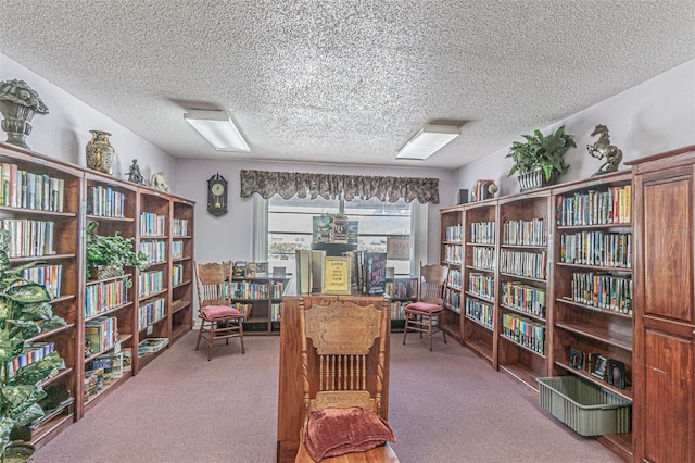 sitting room with a textured ceiling and carpet flooring