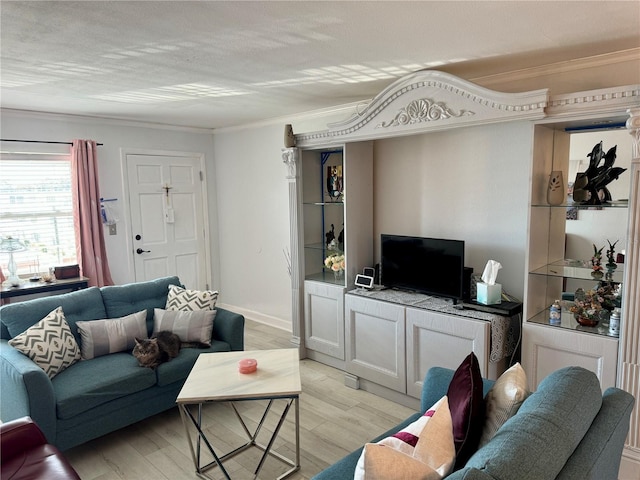 living room featuring light hardwood / wood-style flooring and crown molding