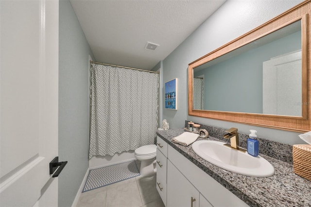 full bathroom with toilet, vanity, shower / tub combo with curtain, and tile patterned flooring