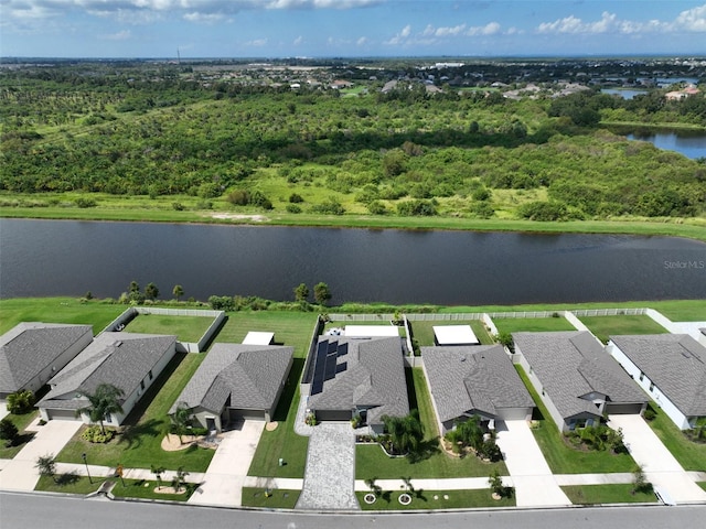 bird's eye view with a water view