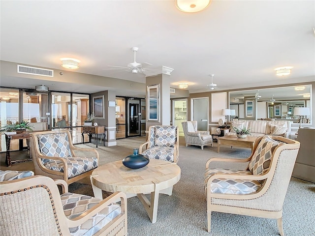 living room with light colored carpet