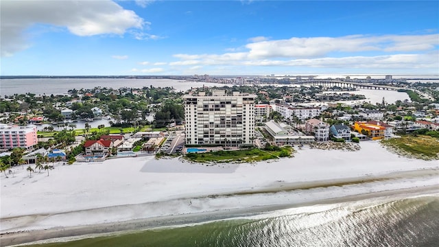 aerial view featuring a beach view and a water view