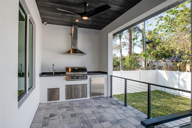 kitchen featuring ceiling fan, sink, wooden ceiling, ventilation hood, and fridge