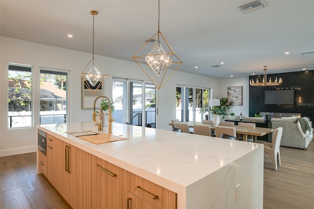 kitchen with a center island with sink, light stone counters, sink, and light hardwood / wood-style flooring