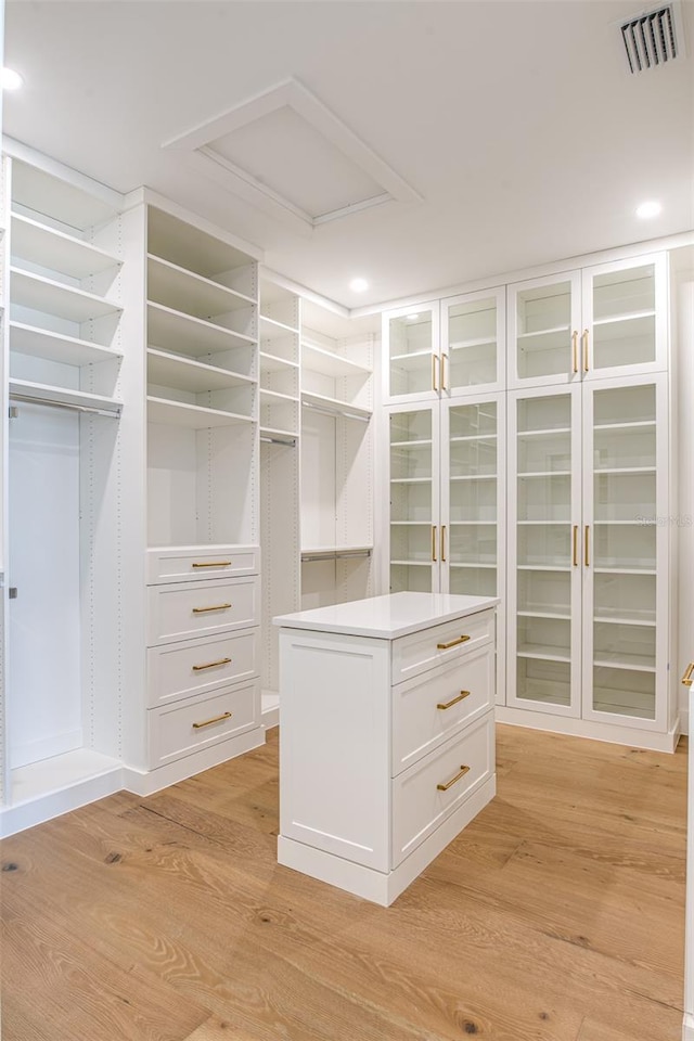 walk in closet with light wood-type flooring