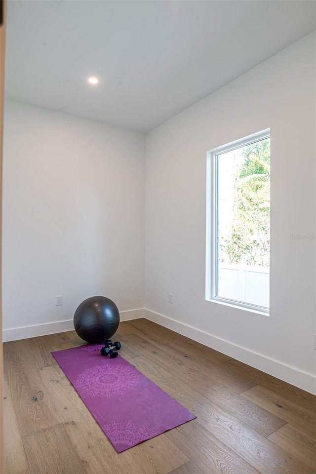 exercise area with light hardwood / wood-style floors