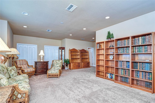 sitting room featuring a textured ceiling and carpet flooring