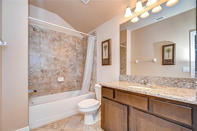 full bathroom featuring vanity, shower / bath combination with curtain, a textured ceiling, toilet, and tile patterned floors