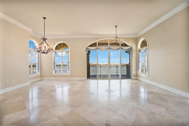 unfurnished dining area with an inviting chandelier and ornamental molding