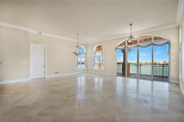 spare room with ornamental molding, a healthy amount of sunlight, and ceiling fan with notable chandelier