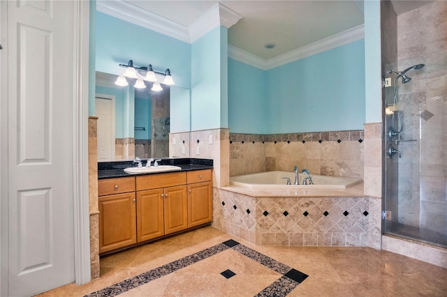 bathroom featuring plus walk in shower, ornamental molding, tile walls, and vanity