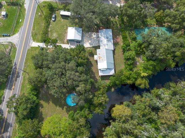 drone / aerial view featuring a water view