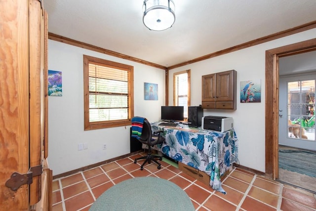 tiled home office featuring ornamental molding