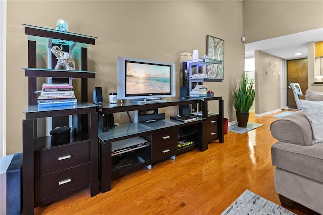 living room featuring a towering ceiling and light hardwood / wood-style floors