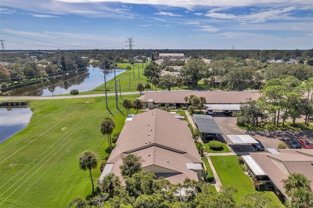 drone / aerial view with a water view