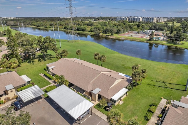 drone / aerial view with a water view