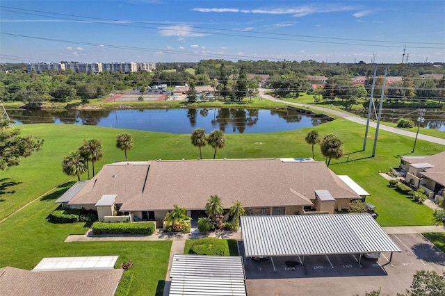 bird's eye view with a water view