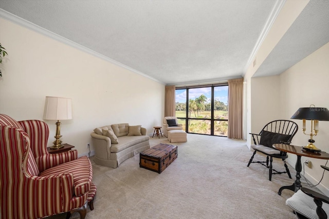 carpeted living room with crown molding, a textured ceiling, and a wall of windows