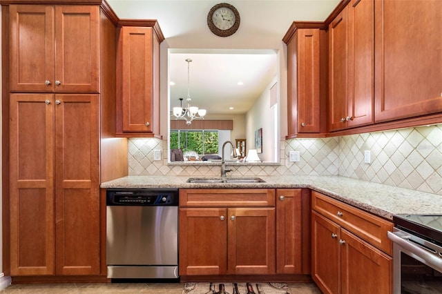 kitchen featuring tasteful backsplash, light stone countertops, stainless steel dishwasher, sink, and a chandelier