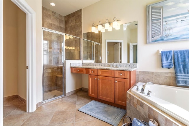 bathroom with vanity, plus walk in shower, and tile patterned flooring