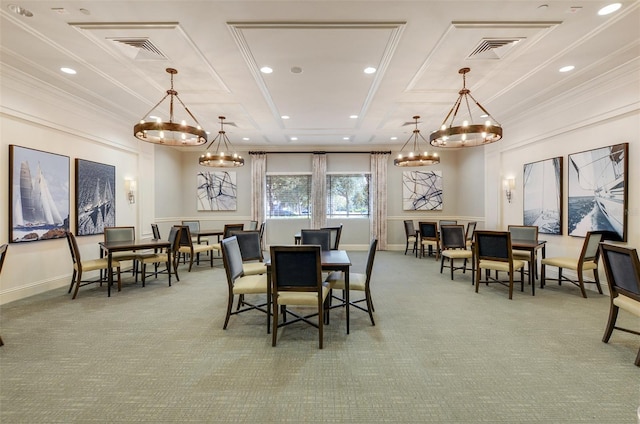 dining room with carpet, coffered ceiling, and crown molding